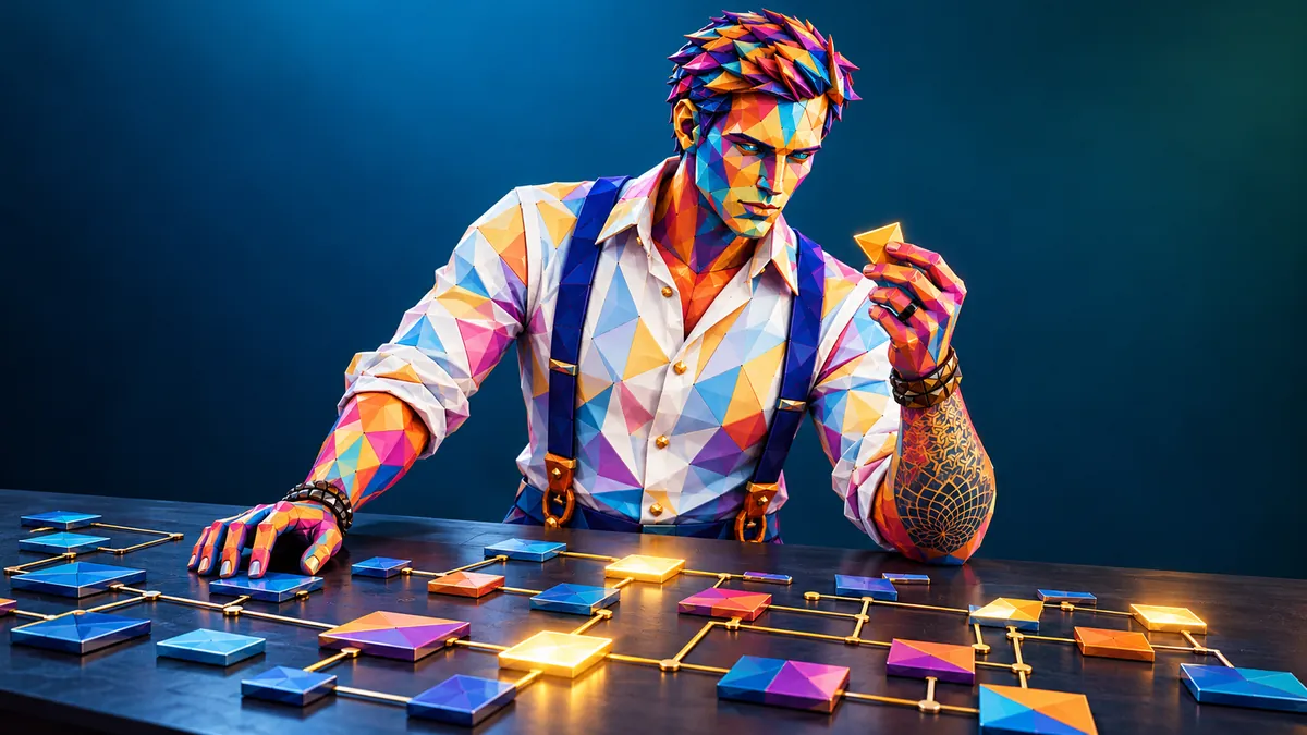 AI-alter ego van Bart bestudeert een kaart van werkprocessen op tafel. Beeld gemaakt met AI.