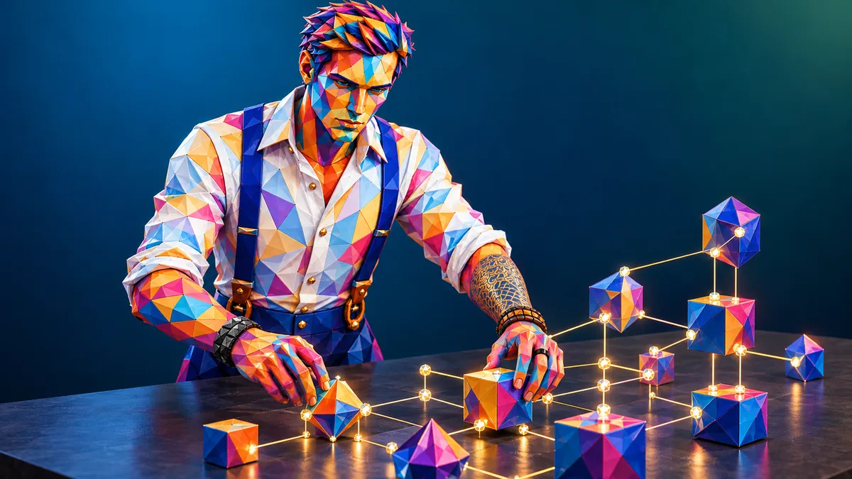 AI-alter ego van Bart bouwt een netwerk van blokken op tafel. Beeld gemaakt met AI.