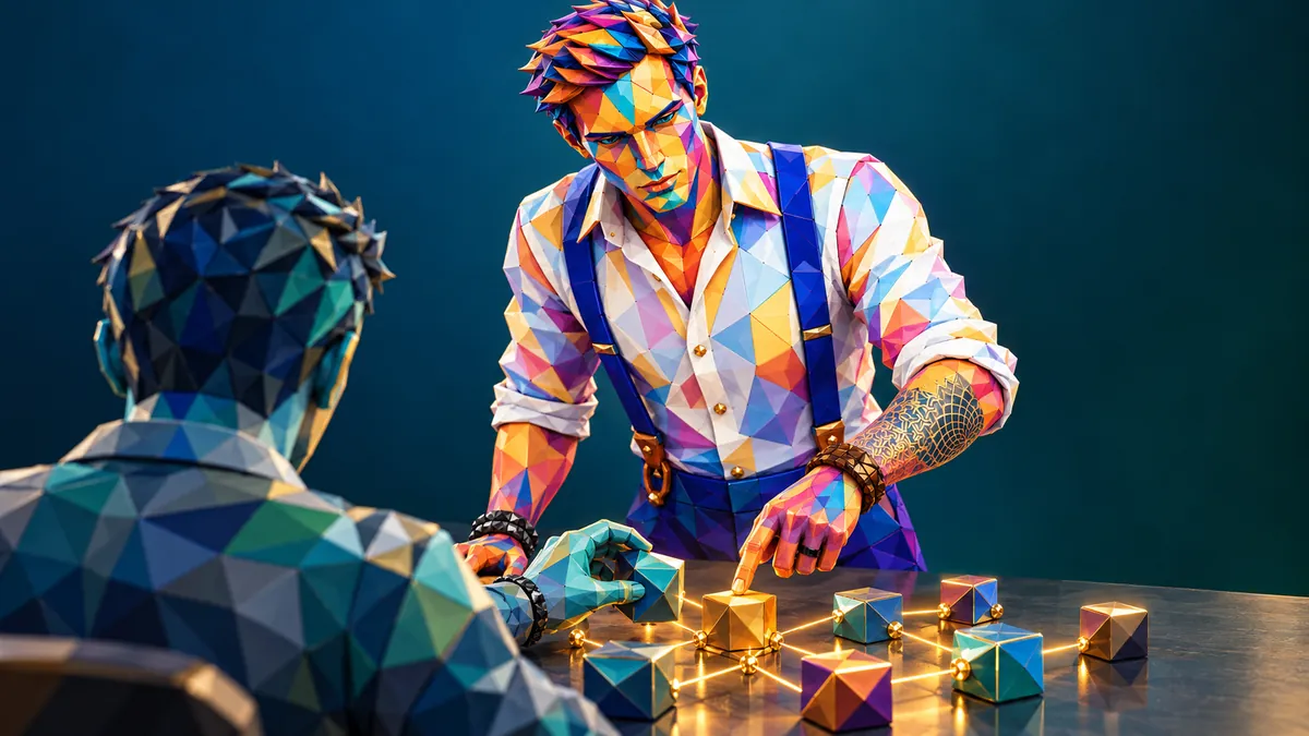 AI-alter ego van Bart bouwt samen met een collega aan een netwerk van blokken. Beeld gemaakt met AI.