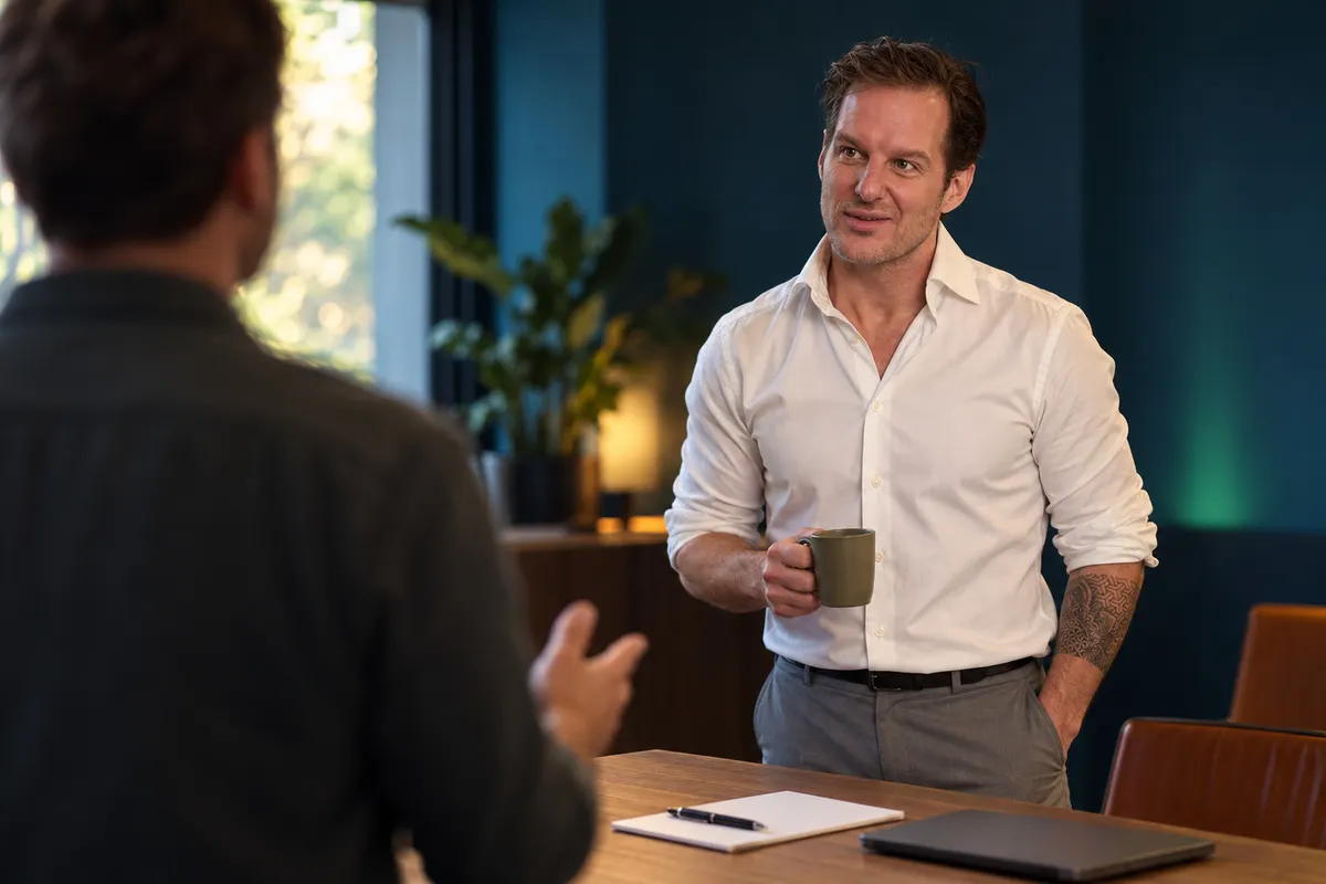 Bart in gesprek aan tafel. Foto bewerkt met AI.