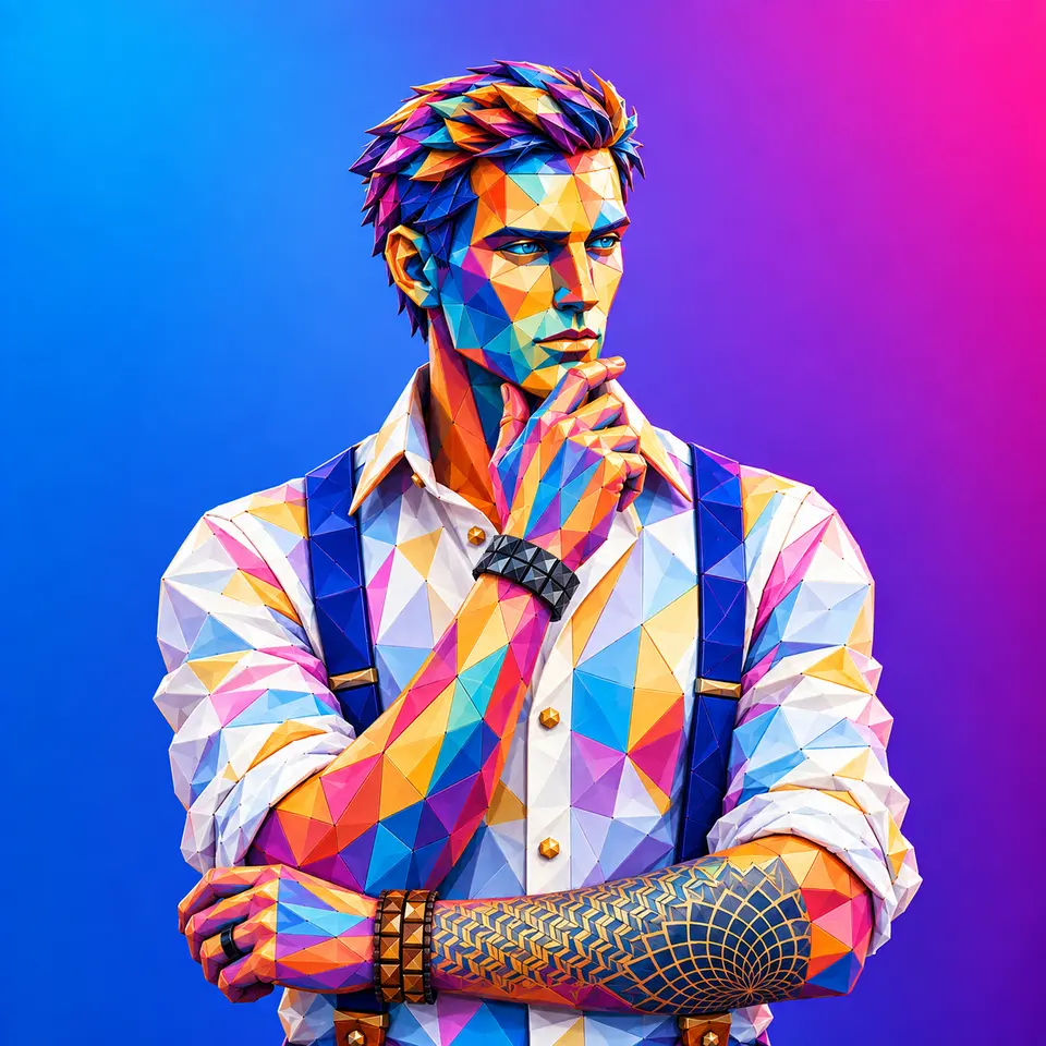 AI-alter ego van Bart Kalisvaart, denkend, met de hand aan de kin